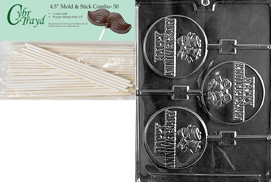 Cybrtrayd 45St50-W050 Happy Anniversary Pop Wedding Chocolate Candy Mold with 50-Pack 4.5-Inch Lollipop Sticks
