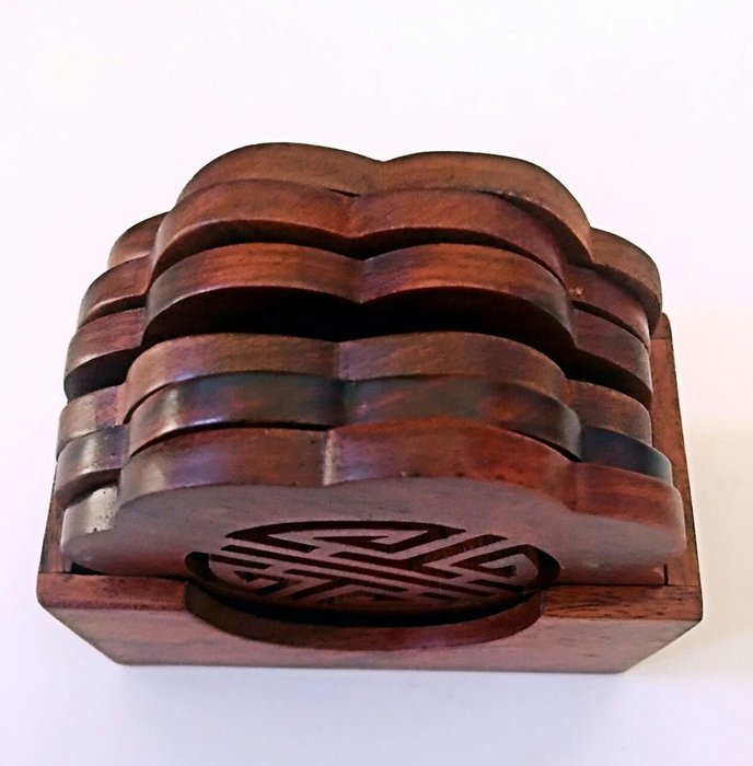 Carved Wood Coasters Sold in Set of 6 with Holders N2