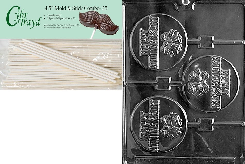 Cybrtrayd 45St50-W050 Happy Anniversary Pop Wedding Chocolate Candy Mold with 50-Pack 4.5-Inch Lollipop Sticks N2