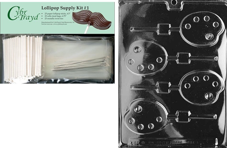 Cybrtrayd Palette Lolly Jobs Chocolate Mold with Lollipop Supply Bundle of 50 Lollipop Sticks, 50 Cello Bags,... N10