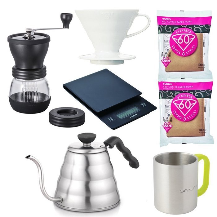 Hario Coffee Mill MSS-1TB Ceramic Slim+Drip Kettle Buono VKB-120HSV 1.2 L+Paper Filter Natural VCF-02-100M Set... N6