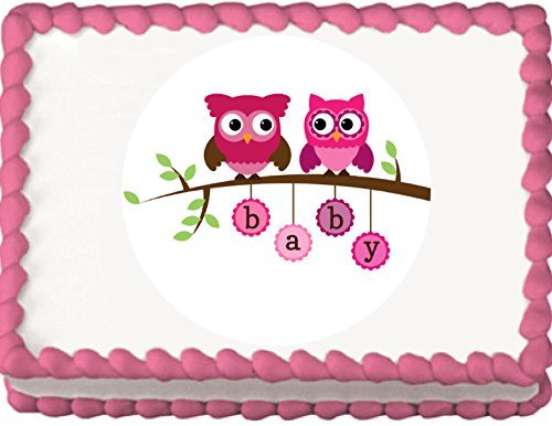 Pink Owls on a Branch Baby Shower Edible Cake Topper N3
