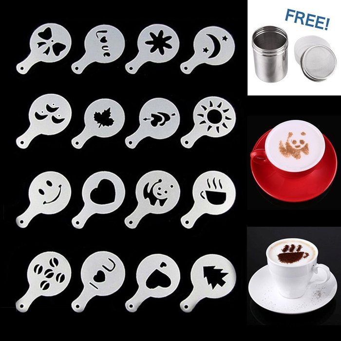 LOHOME&reg; Coffee Latte Garland Mould - 16 PCS Cappuccino Plastic Template + FREE Stainless Steel Powder Shaker -... N9