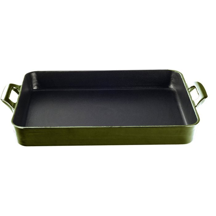 La Cuisine LC 8150 1 Piece Shallow Cast Iron Roasting Pan with Enamel Finish, Olive Green