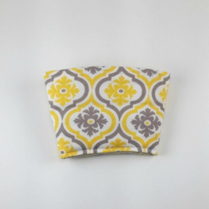 Cup Cozy, Coffee Cup Sleeve, Insulated Fabric Cozy, Handmade, Yellow Gray N3