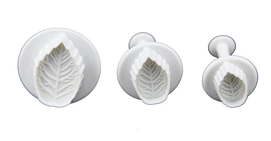 Longzang Veined Rose Leaf Plunger Cutter Cake Decorating Fondant Embossing Tool, White, Set of 3