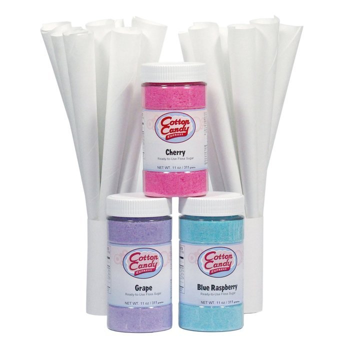 Cotton Candy Express Fun Pack with Blue Raspberry, Cherry & Grape Floss Sugar and 50 Paper Cotton Candy Cones N3