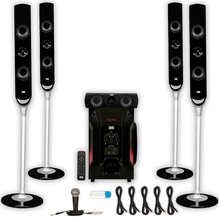 Acoustic Audio AAT1000 Tower 5.1 Speaker System with USB Bluetooth Mic and 5 Extension Cables