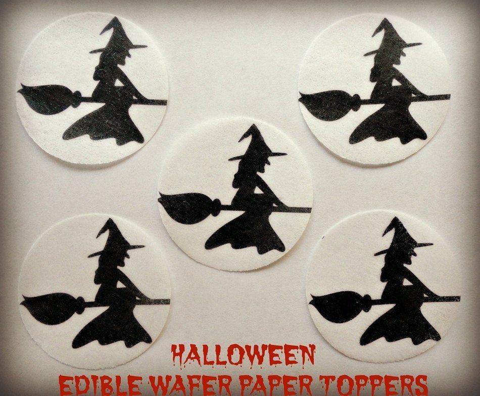 24 Edible Decorative Wafer Paper Cake Toppers&copy; Small 1.5" Diameter HALLOWEEN WITCH SILHOUETTE BROOMSTICK FLYING...