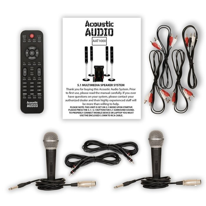 Acoustic Audio AAT1000 Tower 5.1 Speaker System with 2 Mics Powered Sub and 2 Extension Cables