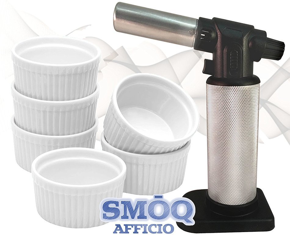 SMOQ Afficio Creme Brulee Ramekins with Precision Culinary Torch SMQ-113, Baking, Dipping Bowl, Souffle (White... N2