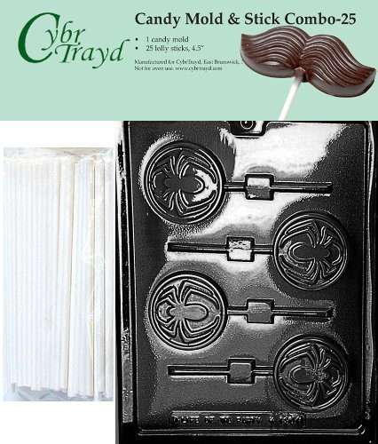 Cybrtrayd 45St25-K130 Spider Pops Chocolate Candy Mold with 25 Cybrtrayd 4.5" Lollipop Sticks