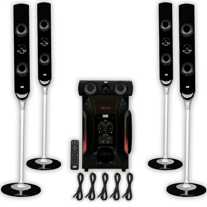 Acoustic Audio AAT1000 Tower 5.1 Home Speaker System with Powered Sub and 5 Extension Cables