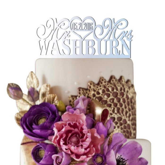 Sugar Yeti Made In USA Personalized Wedding Cake Topper Mr Heart Mrs With Date #26 Silver Mirror N17