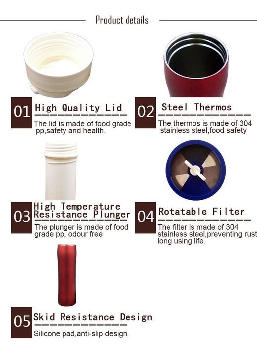 Portable French Press Coffee Maker Bottle with Rotatable Filter , 350ML , Red