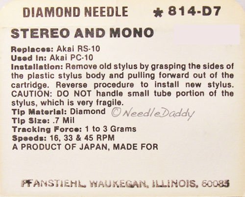PHONOGRAPH TURNTABLE NEEDLE AKAI RS-10 AKAI RS10 AKAI PC-10 AKAI PC10 814-D7 N2