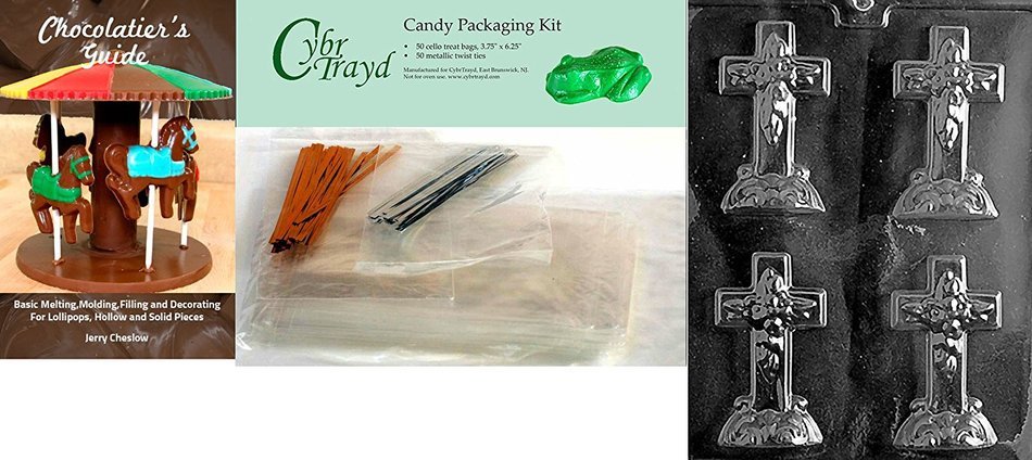 Cybrtrayd Small Cross with Base Chocolate Candy Mold with Chocolate Packaging Bundle, Includes 25 Cello Bags,... N3