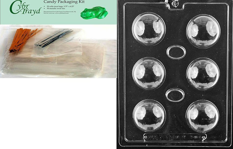 Cybrtrayd Bath Bomb Mold Miscellaneous Chocolate Candy Mold with Packaging Bundle of 50 Cello Bags, 25 Gold and...