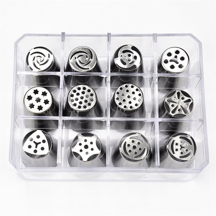 TANGCHU Russian Piping Tips 12PCS/SET Stainless Steel Middle Size Icing Syringe Set DIY Coupler Nozzle with Storage... N5