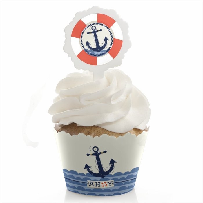 Ahoy Nautical &ndash; Cupcake Wrapper & Pick Party Kit - Set of 24