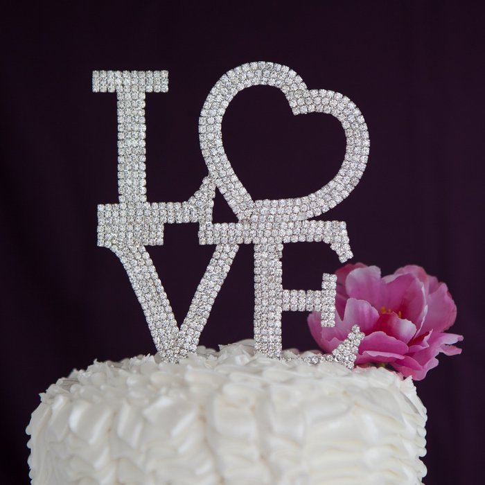 LOVE Heart Wedding Cake Topper, Silver Letters Rhinestone Top Monogram ...