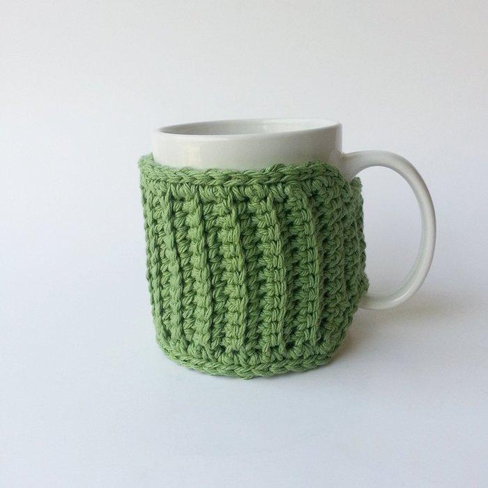 Coffee Mug Cozy Sage with Flower Button N3