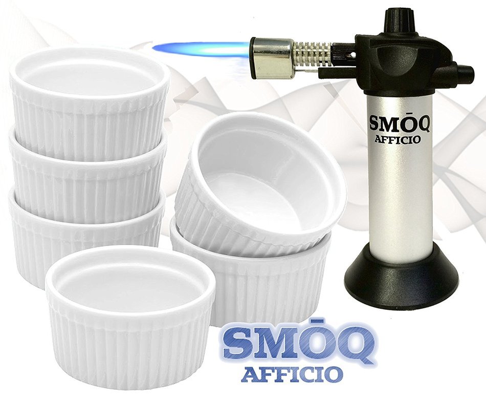 SMOQ Afficio Creme Brulee Ramekins with Precision Culinary Torch SMQ-090, Baking, Dipping Bowl, Souffle (6 White...