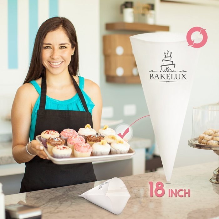 18-Inch Pastry Bags (3 Pack) - BakeLux Commercial Grade Reusable Cotton Icing Bags Set - Featherweight Piping... N5
