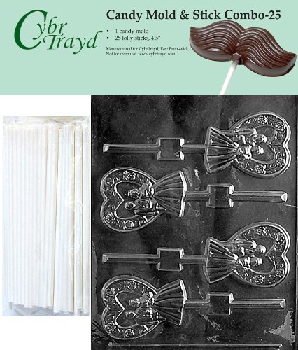 Cybrtrayd 45St25-W053 Heart Bride & Groom Lolly Chocolate Candy Mold with 25 Cybrtrayd 4.5" Lollipop Sticks