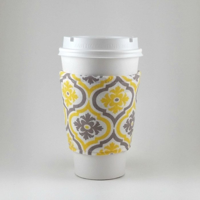 Cup Cozy, Coffee Cup Sleeve, Insulated Fabric Cozy, Handmade, Yellow Gray N4