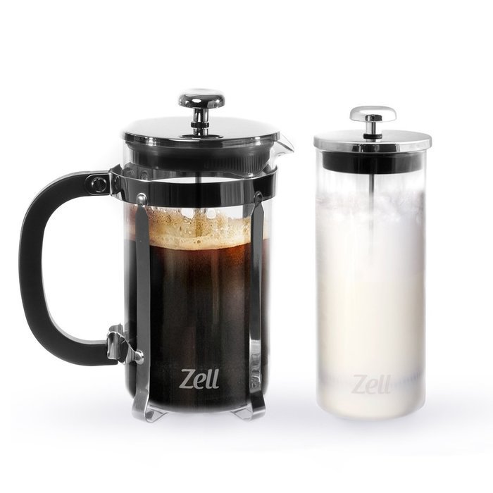 Zell French Press Coffee Maker and Glass Milk Frother Set, 34 oz (1 liter) capacity, Clear Borosilicate Glass N3