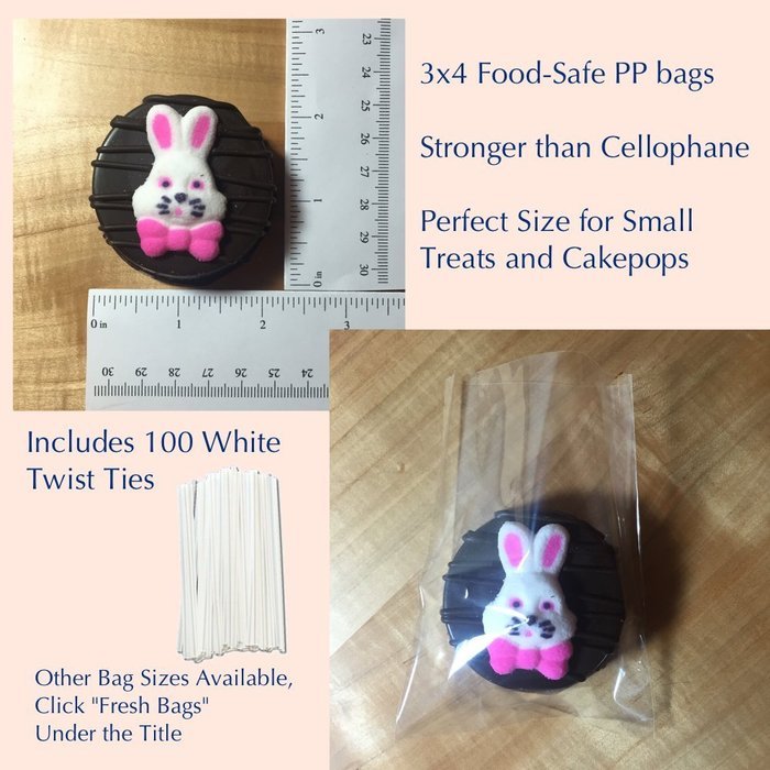 100 3x4" Clear Food Safe Favor Treat Bags and 100 4" Paper Twist Ties - 1.5mils Thickness- PP Plastic Stronger... N5