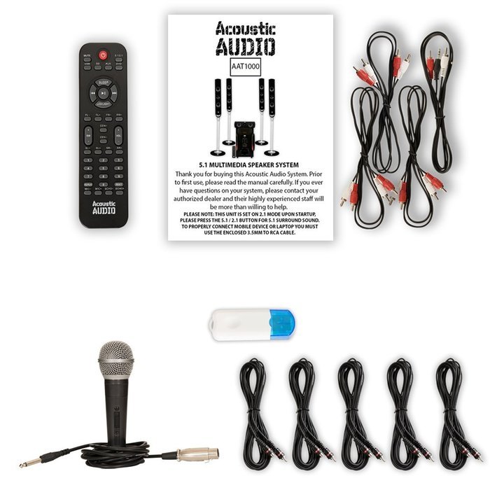 Acoustic Audio AAT1000 Tower 5.1 Speaker System with USB Bluetooth Mic and 5 Extension Cables N2