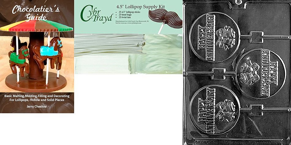 Cybrtrayd 45St50-W050 Happy Anniversary Pop Wedding Chocolate Candy Mold with 50-Pack 4.5-Inch Lollipop Sticks N6