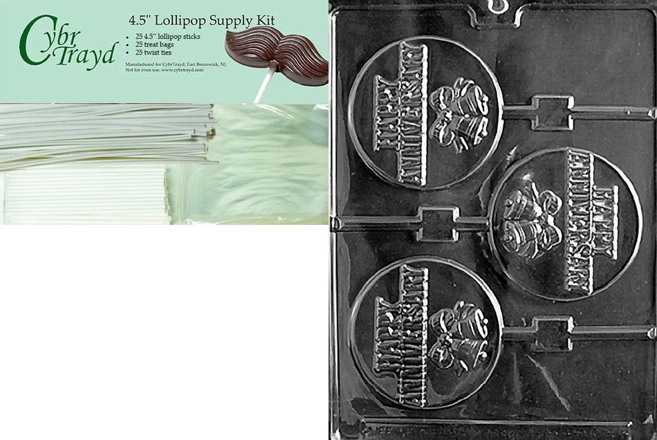 Cybrtrayd 45St50-W050 Happy Anniversary Pop Wedding Chocolate Candy Mold with 50-Pack 4.5-Inch Lollipop Sticks N7