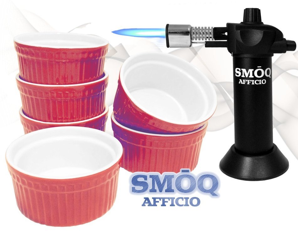 SMOQ Afficio Creme Brulee Ramekins with Precision Culinary Torch SMQ-090, Baking, Dipping Bowl, Souffle (6 White... N4