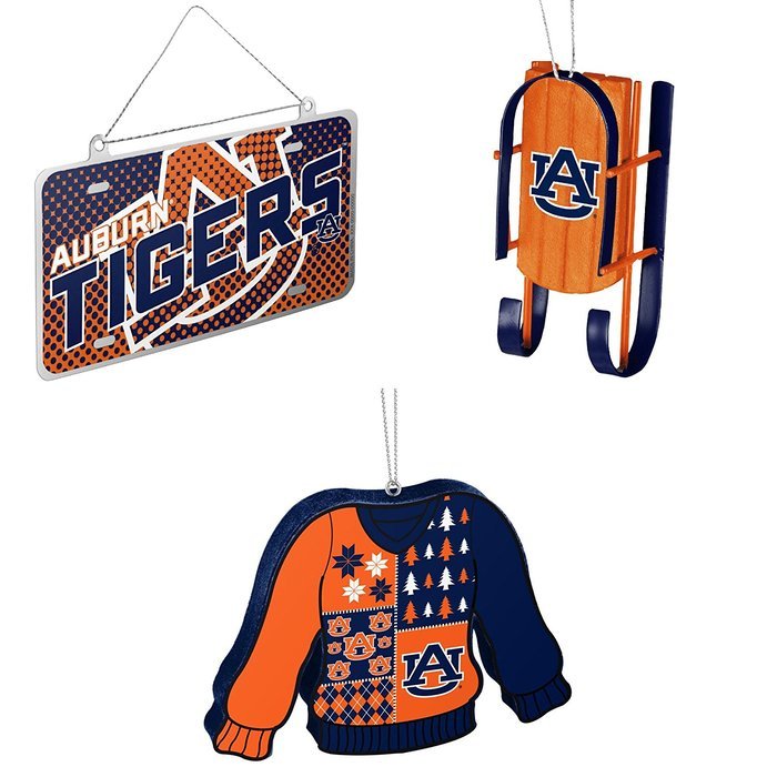 NCAA Auburn Tigers Metal License Plate Christmas Ornament Sled Foam Ugly Sweater Bundle 3 Pack By Forever Collectibles N4