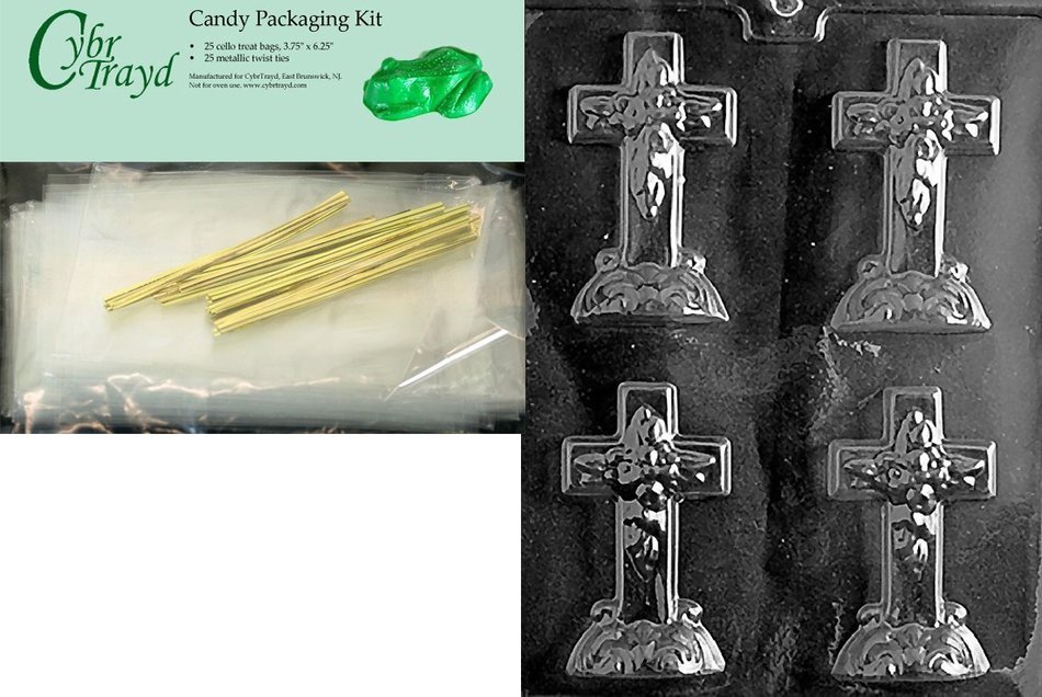 Cybrtrayd Small Cross with Base Chocolate Candy Mold with Chocolate Packaging Bundle, Includes 25 Cello Bags,... N5