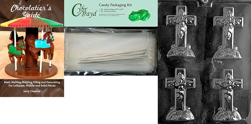 Cybrtrayd Small Cross with Base Chocolate Candy Mold with Chocolate Packaging Bundle, Includes 25 Cello Bags,... N6