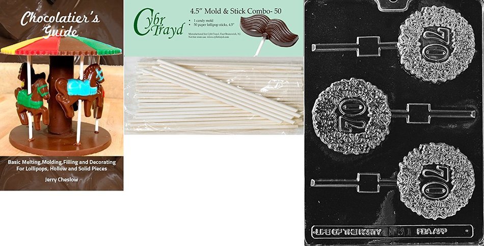 Cybrtrayd '70th Lolly' Letters and Numbers Chocolate Candy Mold with 50 4.5-Inch Lollipop Sticks and Chocolatier's...