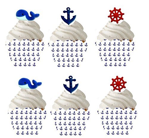 12 Nautical Edible Sugars & 12 Nautical Baking Cupcake Decoration Wrappers