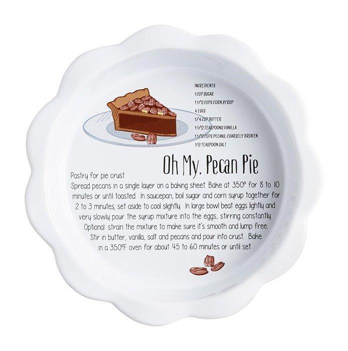 10" Fluted Ceramic Pie Dish with Printed Pecan Pie Recipe