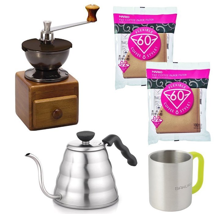 Hario Coffee Mill MSS-1TB Ceramic Slim+Drip Kettle Buono VKB-120HSV 1.2 L+Paper Filter Natural VCF-02-100M Set... N11