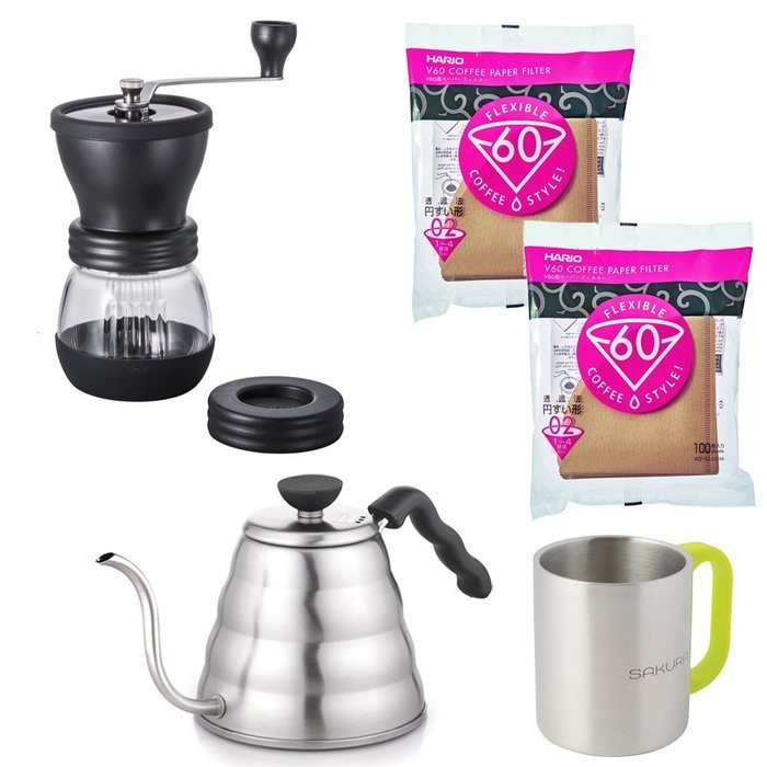 Hario Coffee Mill MSS-1TB Ceramic Slim+Drip Kettle Buono VKB-120HSV 1.2 L+Paper Filter Natural VCF-02-100M Set... N12