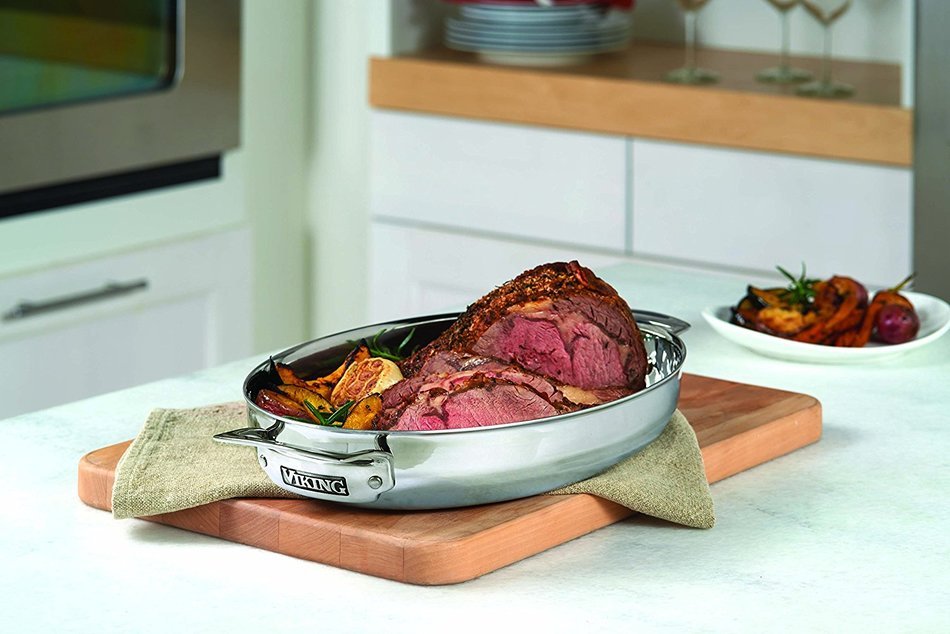 Viking Culinary 3-Ply Stainless Steel Oval Roaster with Metal Induction Lid and Rack, 9 Quart N7