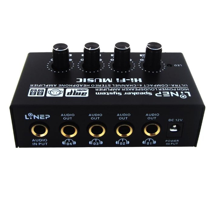 Julyfox&reg;high Performance 1 to 4 Output A908 Headset Amplifier Black Four-way Audio Amplifier N4
