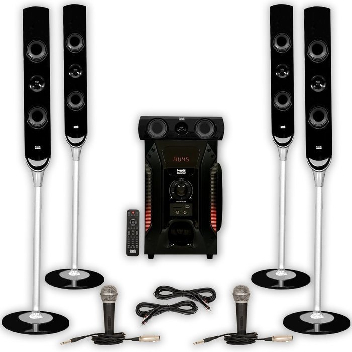 Acoustic Audio AAT1000 Tower 5.1 Speaker System with 2 Mics Powered Sub and 2 Extension Cables N2