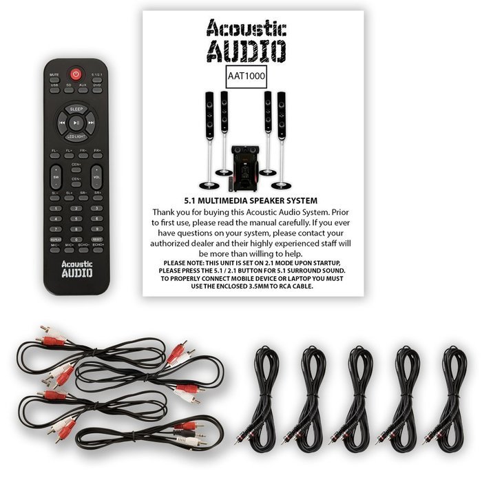 Acoustic Audio AAT1000 Tower 5.1 Home Speaker System with Powered Sub and 5 Extension Cables N2