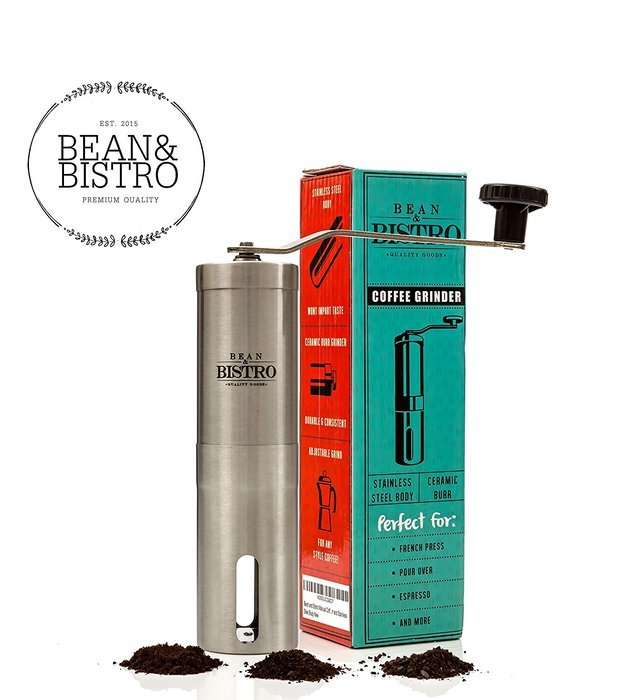 The Original Manual Coffee Grinder by Bean & Bistro - Adjustable Ceramic Burr, Stainless Steel Body, Portable N5