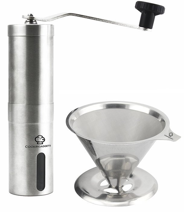 CookinGadgets Manual Ceramic Burr Coffee Grinder & Paperless Pour Over Coffee Dripper Set | Stainless Steel N3